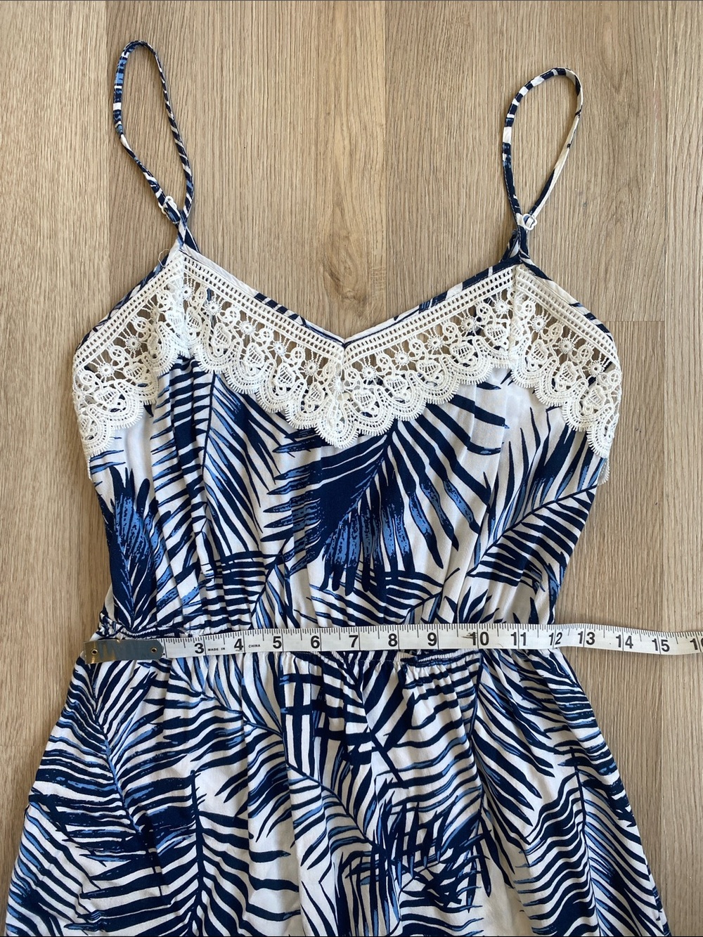 Molly Bracken Tropical Palm Print Midi Dress Lace Trim Blue White Sundress Small - Picture 11 of 12
